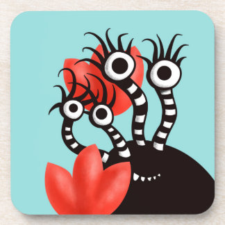 Cute Monster With Four Eyes Abstract Tulips Beverage Coaster