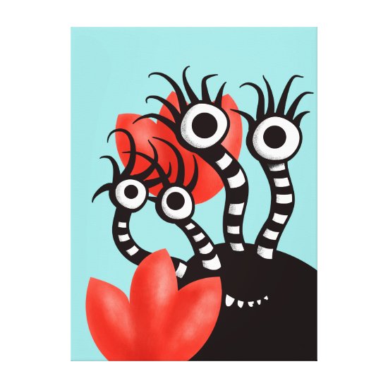Cute Monster With Four Eyes Abstract Tulips Canvas Print