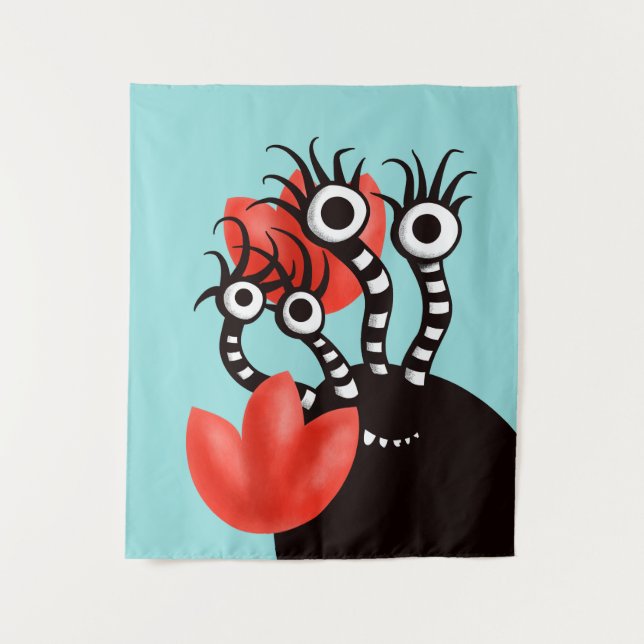 Cute Monster With Four Eyes Abstract Tulips Kids Tapestry (Front)