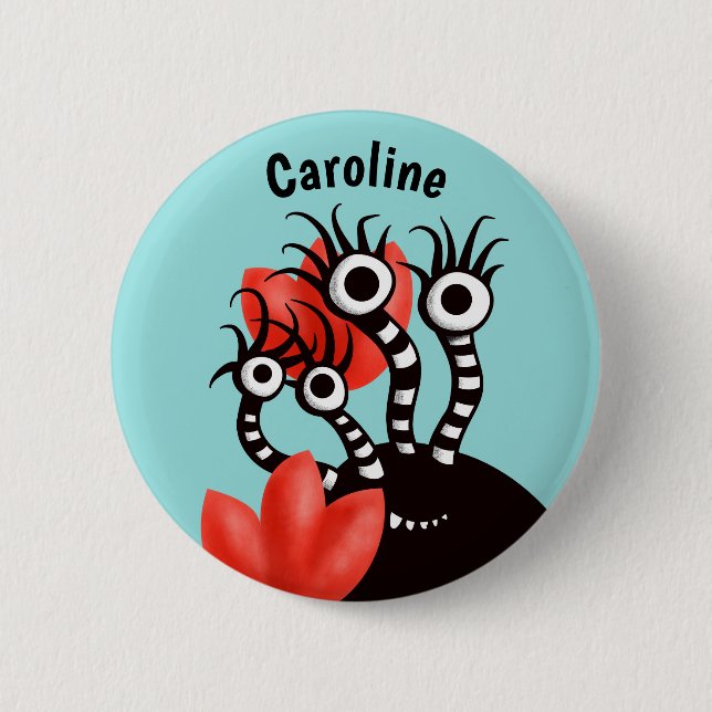 Cute Monster With Four Eyes Abstract Tulips Name Button (Front)