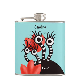Cute Monster With Four Eyes Abstract Tulips Name Flask