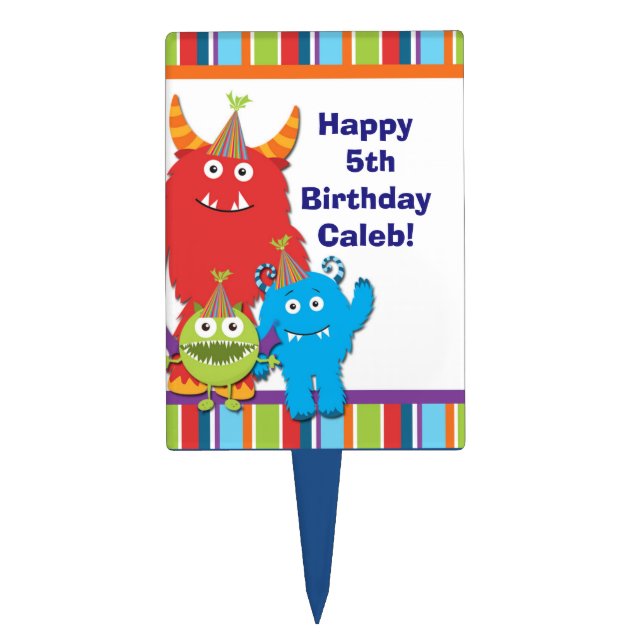 Cute Monsters Birthday Party Kids Cake Pick Topper (Front)