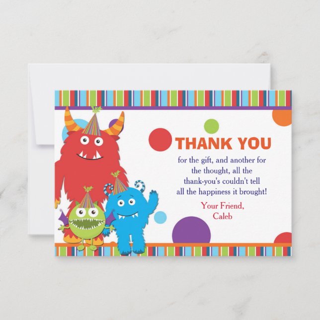 Cute Monsters Birthday Party Thank You Card Invite (Front)