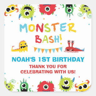 Cute Monsters Boy 1st Birthday Thank You Favor Square Sticker