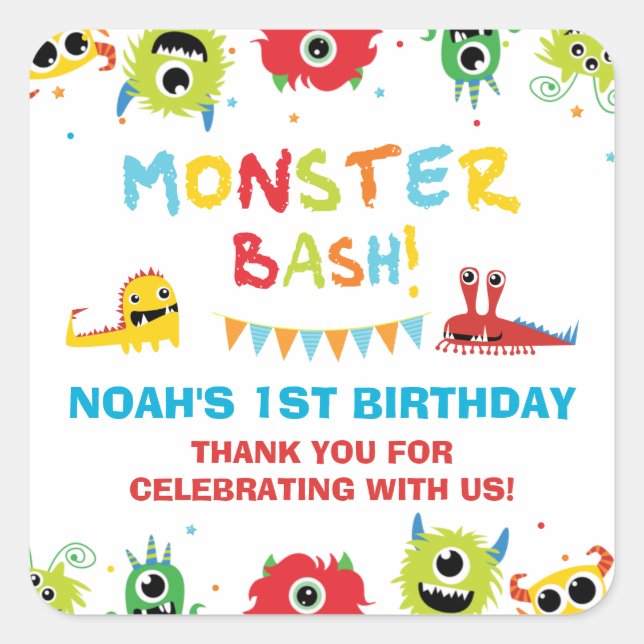 Cute Monsters Boy 1st Birthday Thank You Favor Square Sticker (Front)