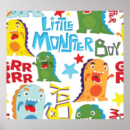 Cute Monsters Childrens Fun Seamless Poster