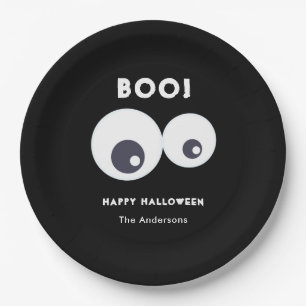 Cute Monsters Eyeballs Happy Halloween Black White Paper Plates