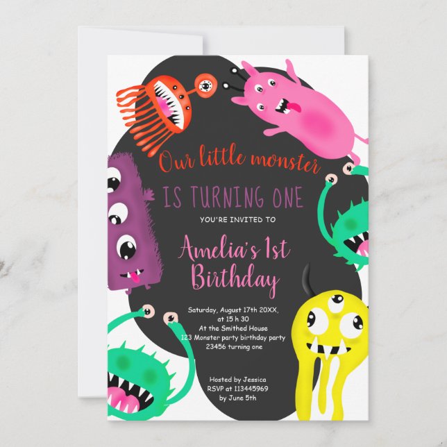 Cute monsters illustration 1st birthday party invitation (Front)
