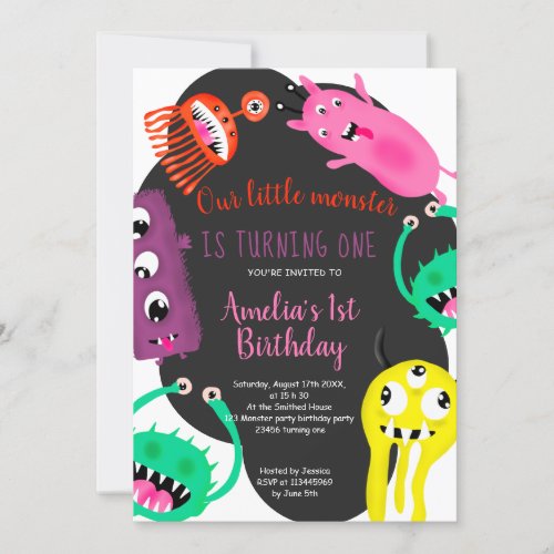 Cute monsters illustration 1st birthday party invitation