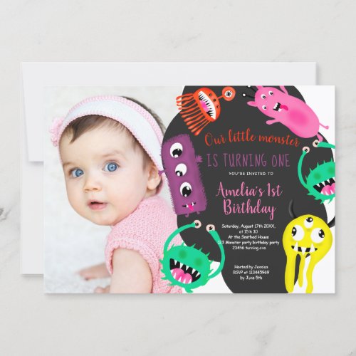 Cute monsters illustration 1st birthday photo invitation