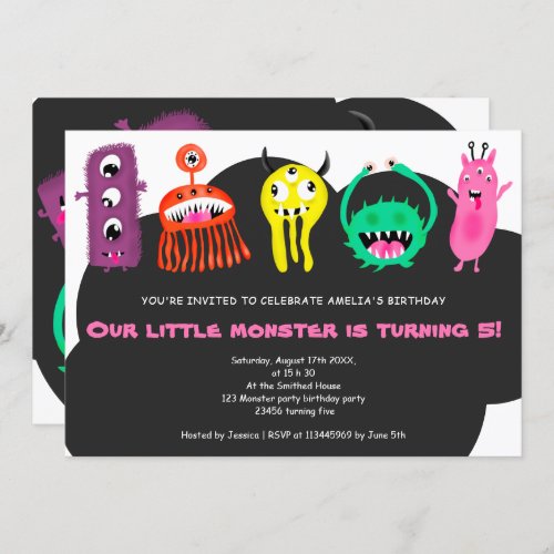 Cute monsters illustration 5th birthday party invitation