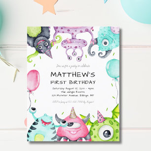 Cute Monsters Kid's 1st Birthday Party Invitation