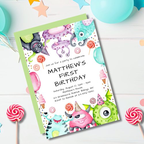 Cute Monsters Kids 1st Birthday Party Invitation