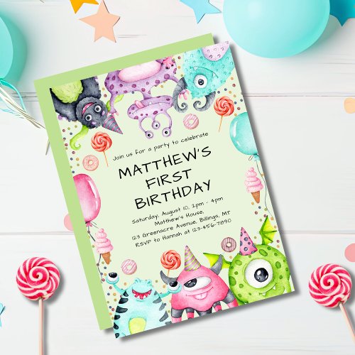 Cute Monsters Kids 1st Birthday Party Invitation