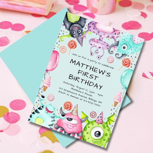 Cute Monsters Kids 1st Birthday Party Invitation