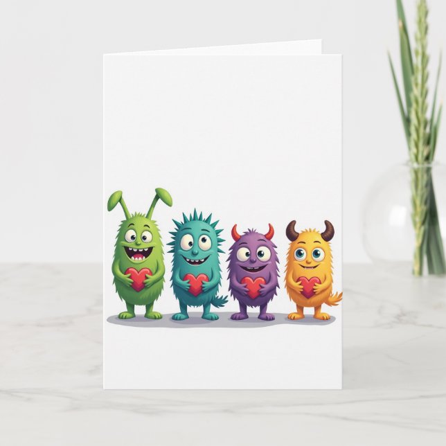 Cute Monsters Love Hearts Card (Front)