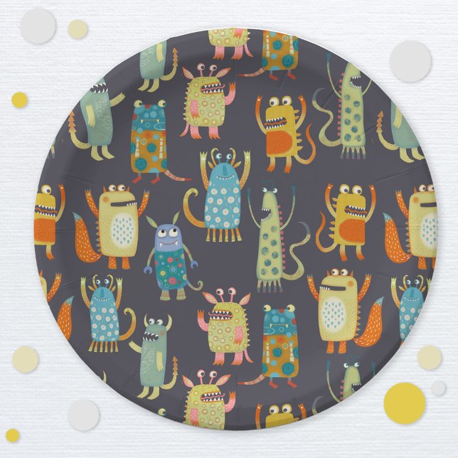 Cute Monsters Paper Plates (Fun monsters kids birthday or Halloween party paper plate)