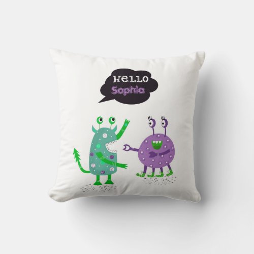 Cute Monsters say Hello Throw Pillow