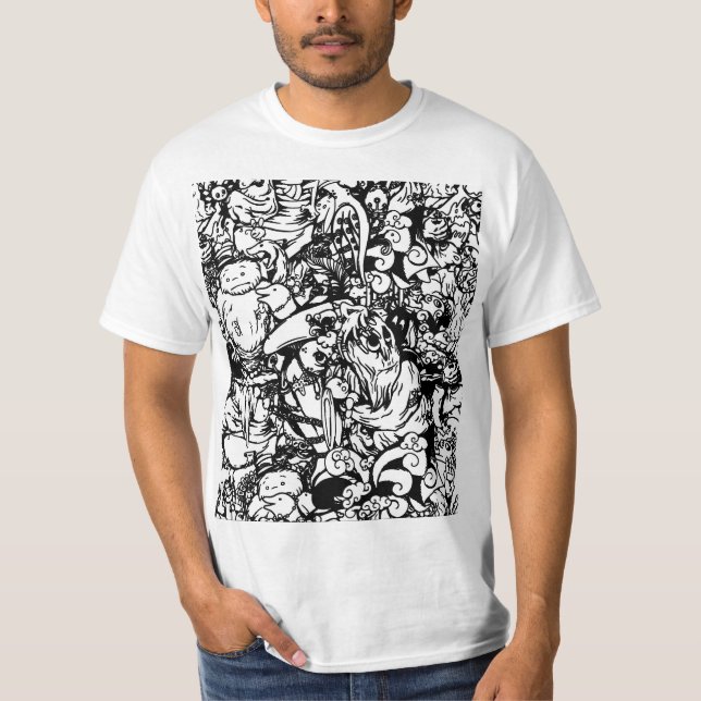 Cute Monsters & Voodoo Dolls in Black & White T-Shirt (Front)