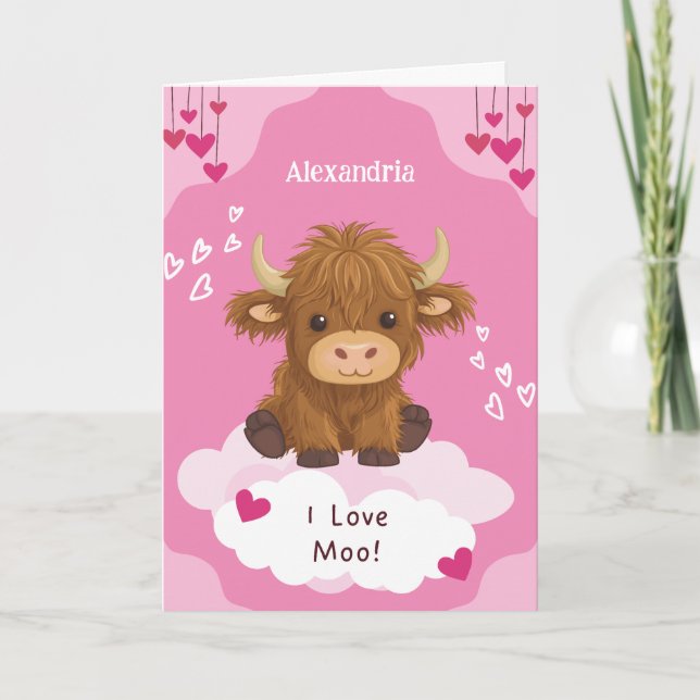 Cute Moo Highland Cow Valentine Holiday Card (Front)