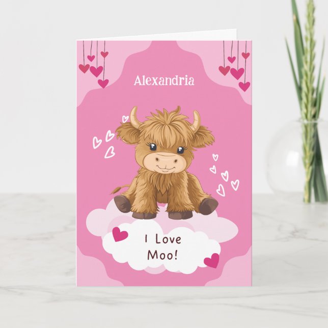 Cute Moo Highland Cow Valentine Holiday Card (Front)