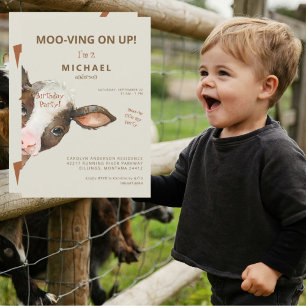 Cute Moo-ving on Up Boy Birthday Party Invitation