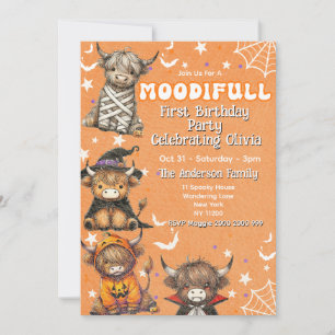 Cute Moodifull Highland Cow Halloween Birthday Invitation