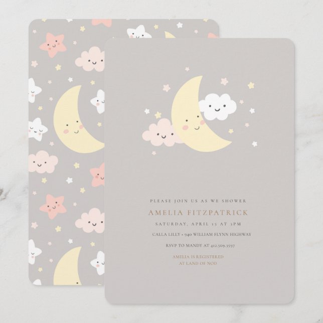 Cute Moon and Star Baby Shower Invitation (Front/Back)