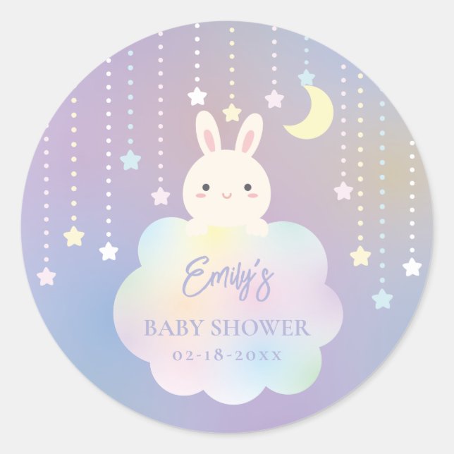 Cute Moon and Stars Bunny Girl Baby Shower Classic Round Sticker (Front)
