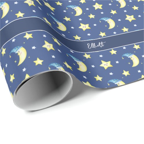 Cute Moon and Stars Pattern Blue Baby Shower Wrapping Paper