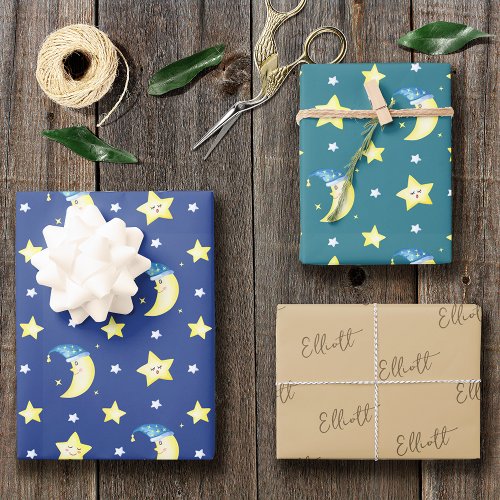 Cute Moon and Stars Pattern Blue Baby Shower Wrapping Paper Sheets