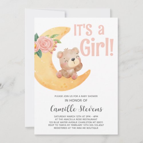 Cute Moon Bear Baby Shower Girl Invitation