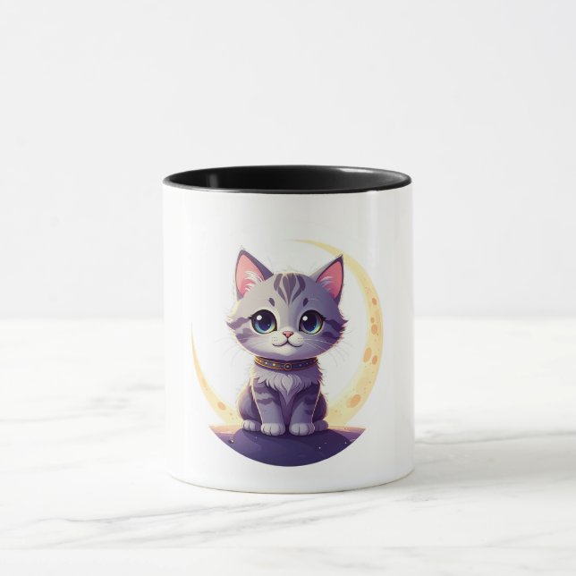 Cute Moon Cat Mug – Magical Kitten on CrescentMoon (Center)