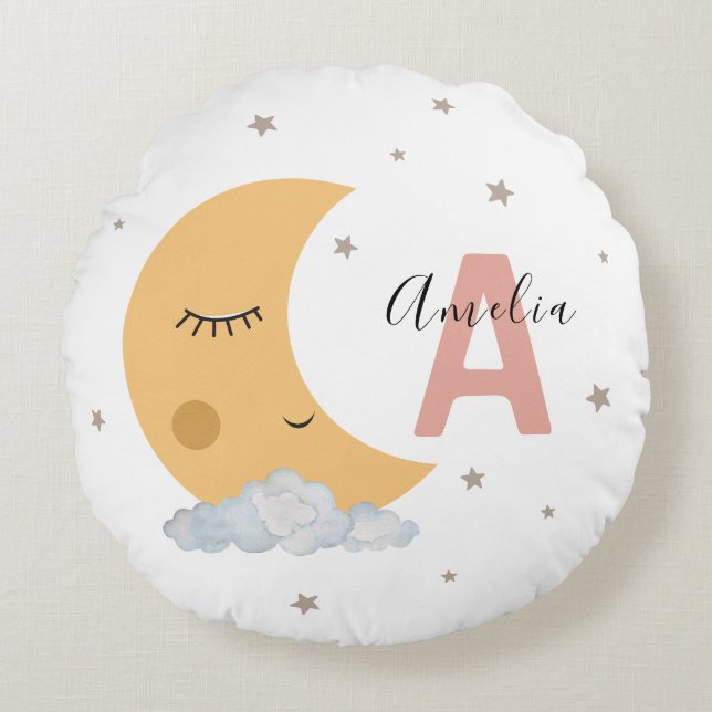Cute Moon & Clouds Round Nursery Pillow Pink Initi (Front)