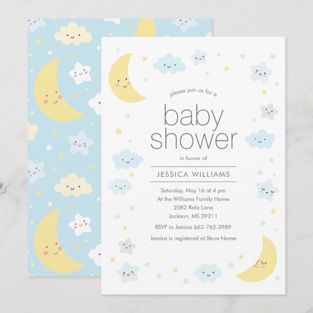 Cute Moon Clouds & Stars Baby Shower Invitation (Front/Back)