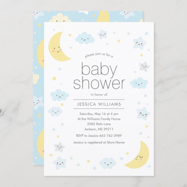 Cute Moon Clouds & Stars Baby Shower Invitation (Front/Back)
