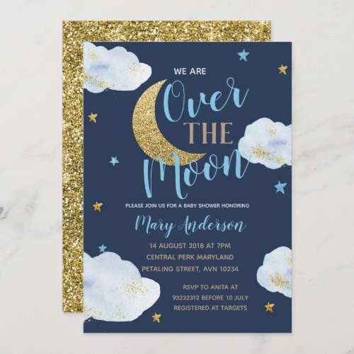 Cute Moon Navy Blue and Gold Baby Shower Invitation