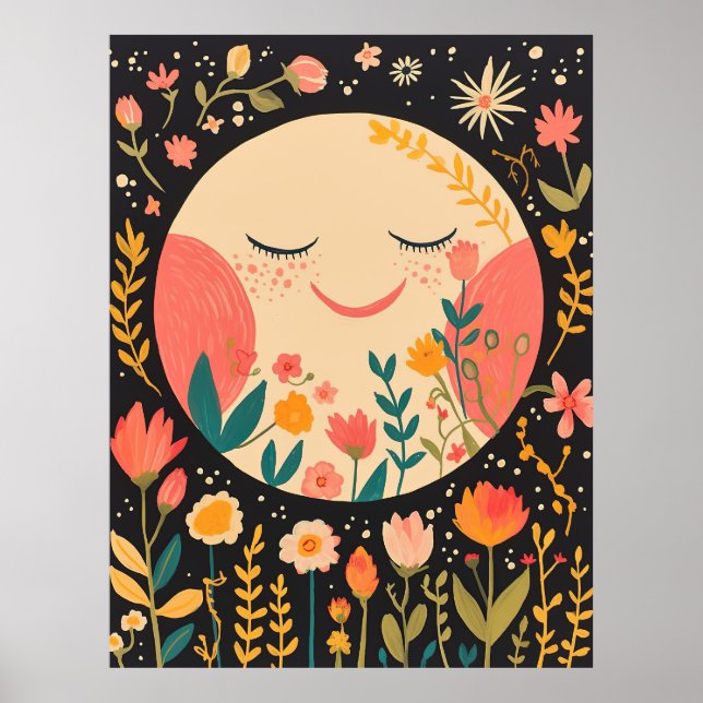 Cute Moon Night Sky Boho Floral Illustration Poster (Front)
