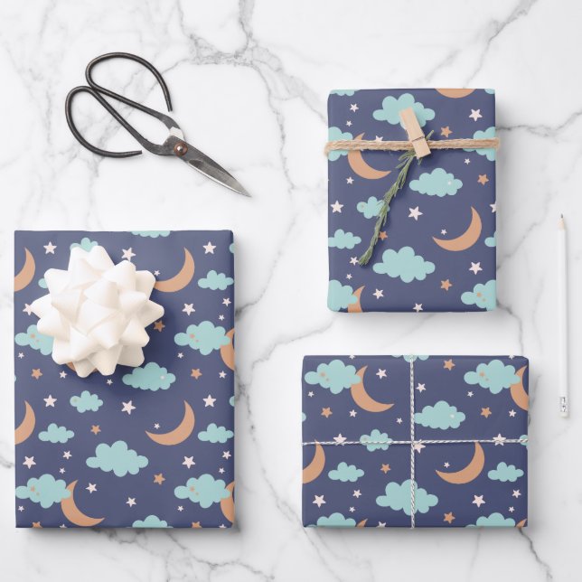 Cute Moon Star Cloud Pattern Wrapping Paper Sheets (Front)