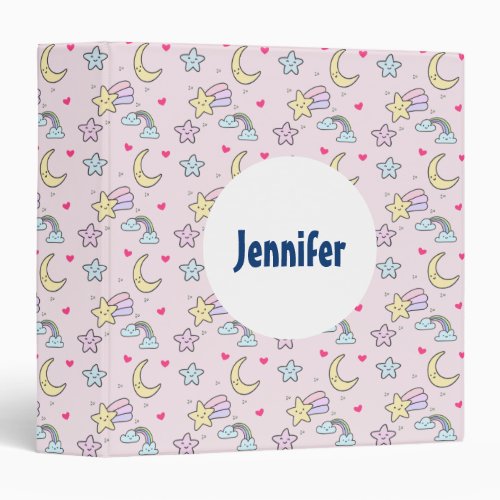 Cute Moon Stars and Clouds Pattern on Pastel Pink 3 Ring Binder