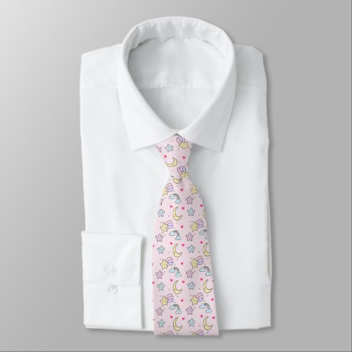 Cute Moon Stars and Clouds Pattern on Pastel Pink Neck Tie