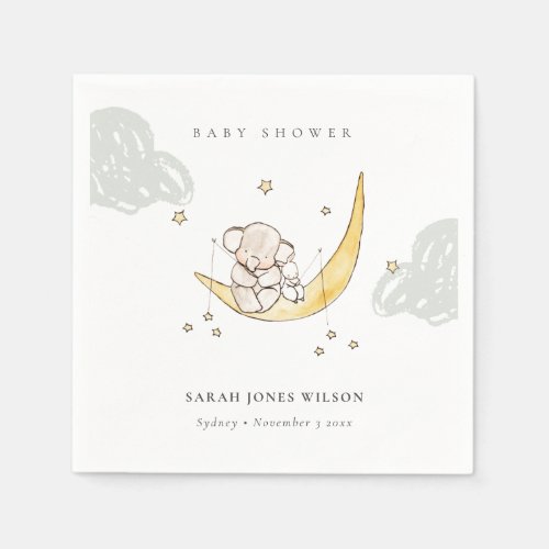 Cute Moon Stars Elephant Bunny Neutral Baby Shower Napkins