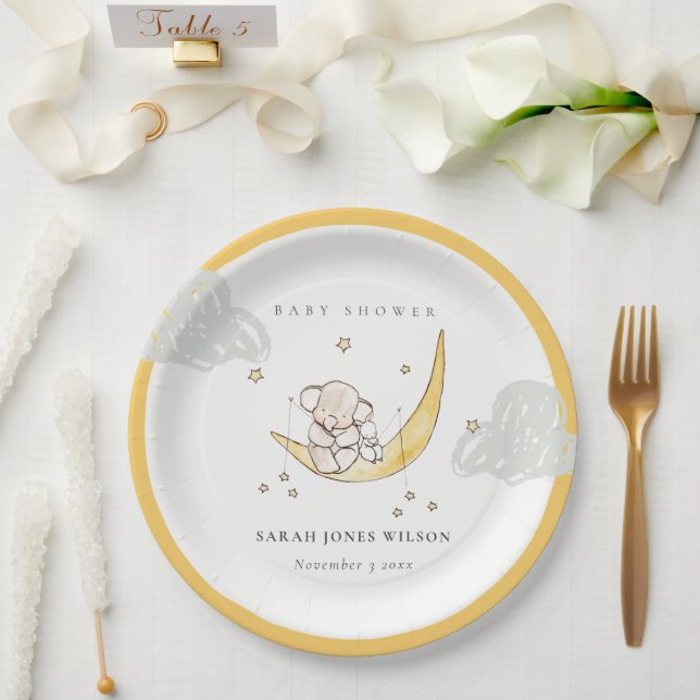 Cute Moon Stars Elephant Bunny Neutral Baby Shower Paper Plates (Wedding)