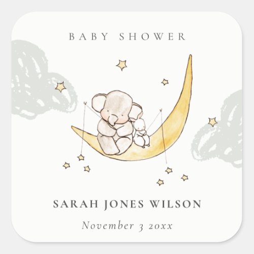 Cute Moon Stars Elephant Bunny Neutral Baby Shower Square Sticker