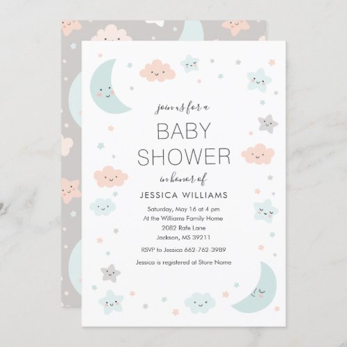 Cute Moon  Stars Frame Baby Shower Invitation