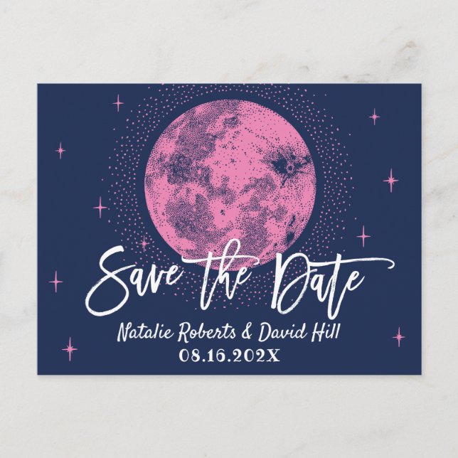 Cute Moon & Stars Navy Blue Wedding Save the Date Announcement Postcard (Front)
