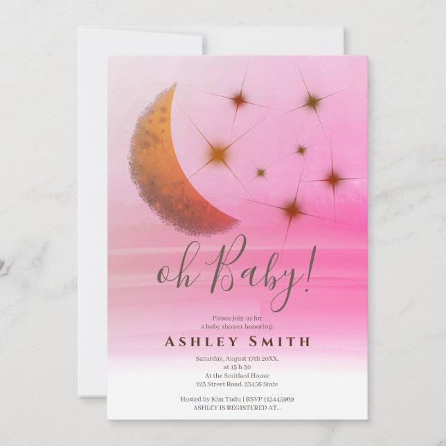 Cute moon stars ombre watercolor baby shower invitation (Front)