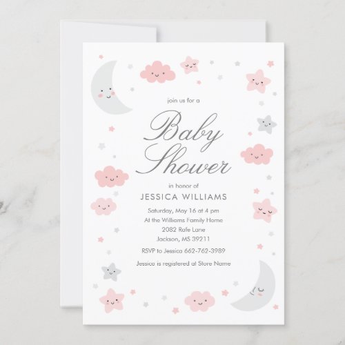 Cute Moon  Stars Pink Girl Baby Shower Invitation