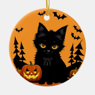 🌕🐱 Cute Moonlit Cat & Pumpkin Halloween Magic ✨ Ceramic Ornament