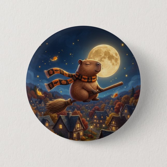Cute Moonlit Flying Broom Capybara Button Pin (Front)